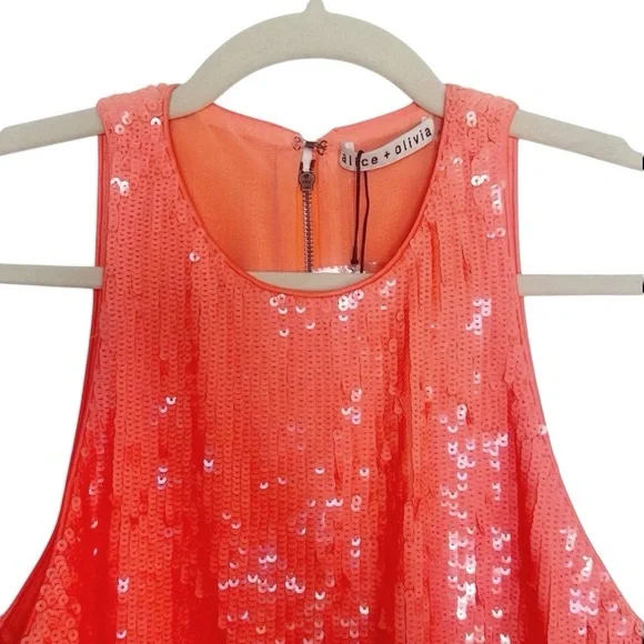 Alice + Olivia Cara Orange Sequined Mesh Sleeveless Mini Dress Size 2 - Picture 10 of 16